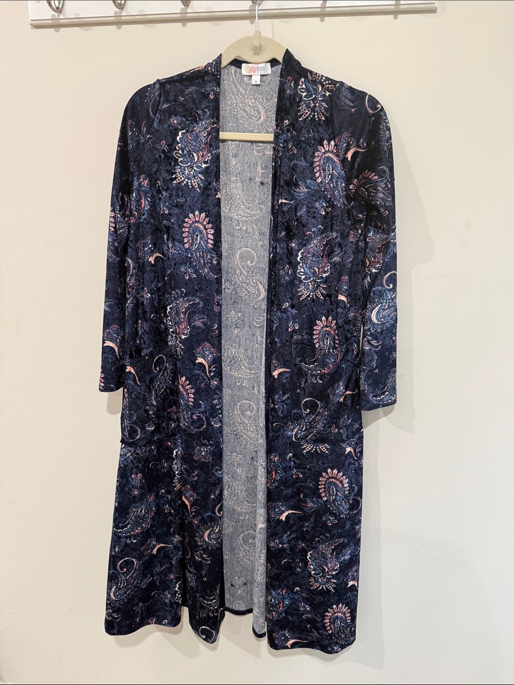 LuLaRoe Navy Velvet Paisley Cardigan with Pink Accents